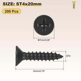 METALLIXITY Countersunk Phillips Wood Screws (ST4x20mm) 200Pcs, Carbon Steel Coarse Thread Phillips Drive Flat Head Wood Screws - for Furniture Installation Repair, Black