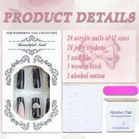 Black Press on Nails Long Square Black French Tip Fake Nails Pink Full Cover Heart Star Rhinestones False Nails with Designs Glossy Glue on Nails Acrylic Manicure Artificial Nails for Women Girls