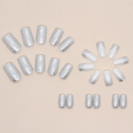 Ceboic Press on Nails Short Square French Silver Shiny Artificial Nails Square Acrylic Full Cover Artificial Nails for Gluing Natural Fingernails Fake Nails for Women and Girls Pack of 24