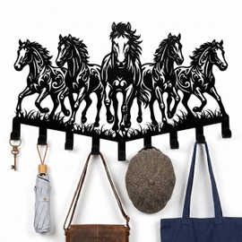 Zckjnoi Black Metal 5 Horse with 9 Hooks Wall Decor, Unique Wall Rack for Backpack Coat Key Towel Clothes, Equestrian Decor for Entryway Hallway Bathroom, Western Key Holder Rustic Horse Gifts