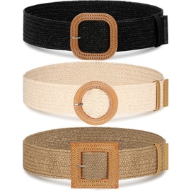 Syhood 3 Pieces Straw Woven Elastic Waist Belt for Women Bohemian Dress Braided Belt (Black, Khaki, Apricot, Fit Waist Size Below 40'')