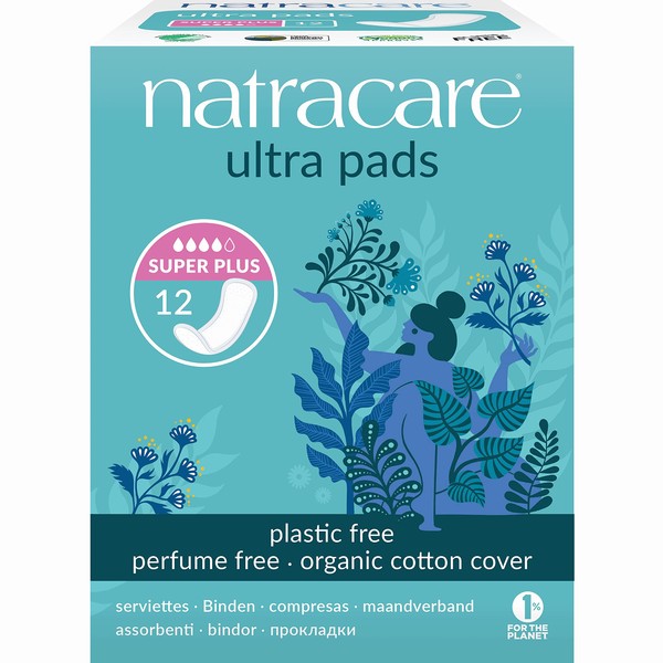Natracare Slim Fitting Ultra Pads with Wings, Super Plus, Made with Certified Organic Cotton, Ecologically Certified Cellulose Pulp and Plant Starch (12 Pack, 144 Pads Total)