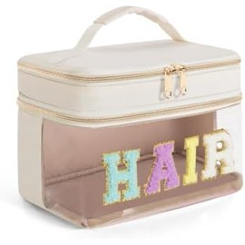 Fasrom Double Layer Hair Accessories Organizer, Preppy Patch Makeup Bag with HAIR Chenille Letter, Portable Travel Cosmetic Pouch Clear Toiletry Case for Women Girl, Off-White(Bag Only, Patent Design)