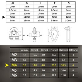 Prmape Pack of 24 Wire Rope Clamps 4 mm, 12 Pieces Rope Clamp M4 with 12 Pieces M4 Thimbles, Wire Rope Clamps 304 Stainless Steel, U-Bolt Bow Shape Steel Cable Rope Connector for Wire Rope Steel Cable