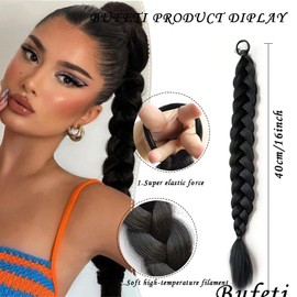 2 Pieces Braided Ponytail Extensions with Hair Ties for Black Women, Long Braid Extensions Hair Pieces Pre Stretched 16 Inch (Black)