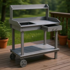 Gray Wooden Potting Bench With Wheels Sink Drawer Storage Outdoor Patio FurnitureColor: Gray Color