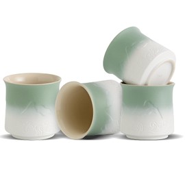 ZENS Japanese Tea Cup Set of 4, 240 ml Aesthetic Embossed Japan Tea Cup for Matcha Tea, Chinese Tea Cup without Handle, Japanese Tea Cup Traditional, Tea Lovers Gifts, Moss Green & White
