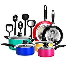 NutriChefKitchen 15-Piece Nonstick Kitchen Cookware Set PTFE/PFOA/PFOS- Free | Colorful Heat Resistant Lacquer Pots Pan Set Saucepot, Frying Pans, Pots, Oven Pot, Lids, 5 Utensil - NCCWCOR15