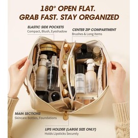 Heliar Travel Makeup Bag for Women – Large Capacity Waterproof PU Leather Cosmetic Organizer with Brush Holder, Easy-to-Clean Flat-Open Toiletry Bag for Skincare & Beauty Essentials