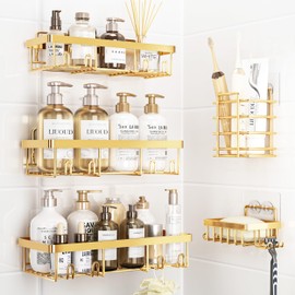 Liuoud 5 Pack Shower Caddy Organizer Rack Shelf for Inside Shower, Self Adhesive Wall Storage Basket Rustproof Stainless Steel Shampoo Holder Bathroom Accessory Decor Set, Gold