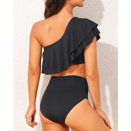 Tempt Me Women Black Two Piece High Waisted Bikini Set One Shoulder Ruffle Bathing Suits Tummy Control Ruched Swimwear M