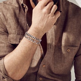 Gamtic Men's/Boys' Stainless Steel Bracelet, 2 Pieces, Silver/Black/Gold, Curb Chain, 19/21/23 cm, Gift for Him Dad, Boyfriend, Husband, Brother, Stainless Steel