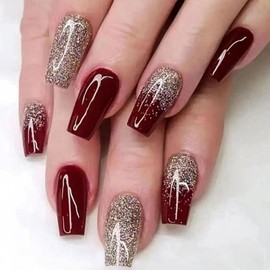 Coffin Press on Nails Medium Fake Nails with Glitter Designs Acrylic Nails Press ons Burgundy Full Cover Glue on Nails Artificial Stick on Nails for Women 24Pcs