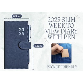 BESTUS - 2025 Slim Diary with Pen, Week to View, Hardback Cover, Portable & Ideal for Weekly Planning Pen Holder with Stud Close - Grey