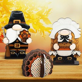 Yerliker 3 Pcs Pilgrim Gnome Table Decorations Fall Wood Sign Tabletop Decor Thanksgiving Turkeys Farmhouse Tiered Tray Decors for Indoor Holiday Harvest Home Autumn