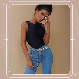 VONMELLI Western Chain Belt for Women Concho Silver Link Chain Belts for Jeans Dresses Black S