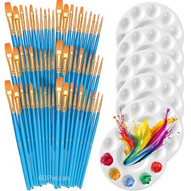 Kit 66pzs Pinceles para Pintura Acrilica,Incluir 60 Cepillos de Pintura Profesionales + 6 Paleta para Pintura con 10 Agujeros,Pinceles para Oleo Acuarela,para Artistas, Niños, Cabeza Plana y Punta