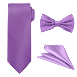 WedDecor Tie Sets For Men, Fancy Satin Necktie, Bowtie, and Pocket Square Handkerchief Solid Planin Colour, Wedding, Business, Casual and Party Wear, Light Purple