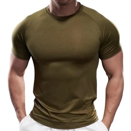 Fioboc Mens Shirts Compression Active Crew Neck Tee Athletic Running Gym Workout Tee Tops Moisture Wicking Workout Summer T-Shirts Brown-Green L
