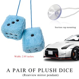KVAEY 2PCS Fuzzy Plush Dice with Dots, 3 Inch Square Pair of Retro Rear View Mirror Hanging Ornament, Classic Vintage Soft Dice Pendant Auto Interior Mirror Decor, Car Accessories (Blue+Black)