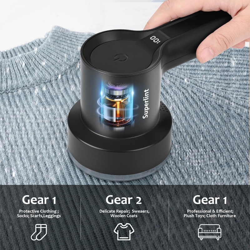 SUPER LINT Electric Fabric Shaver Electrostatic Brush, LED Display, 3-Speeds,