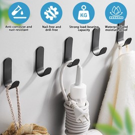 MDLSDE 6 Stück Klebehaken Schwarz, Edelstahl Wandhaken Selbstklebend Handtuchhalter Handtuchhaken Haken Kleiderhaken Schwarz Ohne Bohren Wasserdicht für Badezimmer Küche Garderobe Büro Toilette