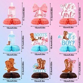 9pcs Boots or Bows Gender Reveal Decor, 9 Style Western Cowboy Cowgirl Table Decorations He or She Honeycomb Centerpieces for Baby Shower Pregnancy Announcement Party