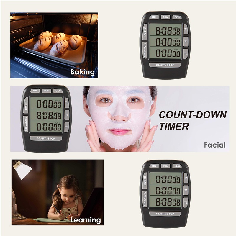 HonorMeet Digital Kitchen Triple Timer,Count-Down & Count-up Tracking,Loud Buzzer Reminder,Battery