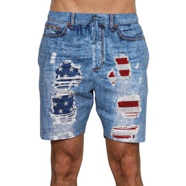 Under Disguise Mens US Flag Patriotic Sleep Shorts Lounge Shorts Pajama Bottoms, Blue Faux Denim, Size Large