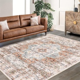 MilleLoom Washable Area Rug 8x10 Large Living Room Rug Medallion Washable Floral Carpet Vintage Bedroom Rug Distressed Oriental Non-Slip Non-Shedding Floor Carpet for Dining Room Farmhouse Home Office