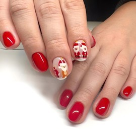 Christmas Press on Nails Short Almond Red Fake Nails Nude False Nails with Santa Claus Design Acrylic Nails Full Cover Glue on Nails Stick on Nails for Women