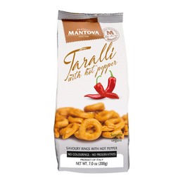 Taralli with Olive Oil and Hot Pepper from Puglia, Italy. (Pack of 2), 7 oz All Natural Ingredients: wheat flour, white wine, olive oil, extra virgin olive oil, salt