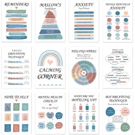 12 PCS Mental Health Posters-Printed Educational Publications Posters School Counselor Office Must Haves, 10"x14" Therapy Office Decor Feelings Wheel Maslows Hierarchy of Needs (Blue)