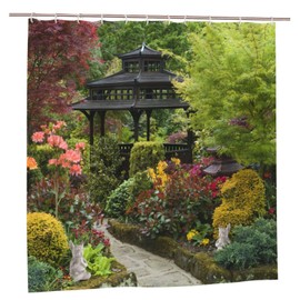 Garden Outdoor View Shower Curtain, 3D Flowers Trees Nature Scenery Garden Decoration, Quick-Drying Polyester Waterproof Bath Bathroom Shower Curtain Decor with Hooks, 150X180cm/ 59X71 inch