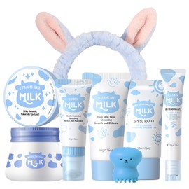 Milk Skin Care Sets&Kits, Milk Skincare Set, Beauty Gift Sets for Teenage Girls, Skincare Set with Exfoliating Scrub, Cleanser, Moisturzing Cream, Eye Cream, Hand Wax, Sumscreen, Brush, Hairband (8pc)