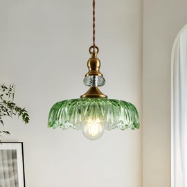 CVKASH Vintage Glass Pendant Light Fixture Green Adjustable Chandelier Modern Gold Hanging Ceiling Light for Farmhouse Dining Room Living Room Bedroom Entryway Kitchen Island