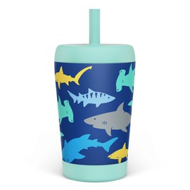 Kid Insulated Stainless Steel Tumbler with Silicone Straw, 12oz Sippy Cup for Kids (Sharks)