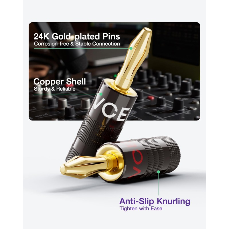 VCELINK Banana Plugs, Speaker Wire Connectors, 4mm 24K Gold Plated