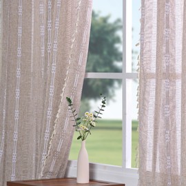 Boho Curtains for Bedroom Living Room 63 Inches Long Semi Blackout Farmhouse Embroidery Curtains 2 Pannels Set Cotton Linen Window Curtain Panel, Bohemian Tassel Curtain Drapes, 55" W x 63" L,Coffee