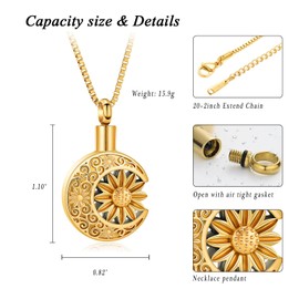 XSMZB Sunflower Moon Urn Necklace for Ashes Stainless Steel Funeral Cremation Jewelry for Human Pet Keepsake Ashes Pendant(Gold)