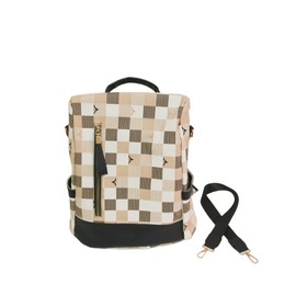 quarerauq Plaid PU Leather Back Zipper Anti-Theft Backpack, Water-Resistant Fashion Purse for Women (Khaki)