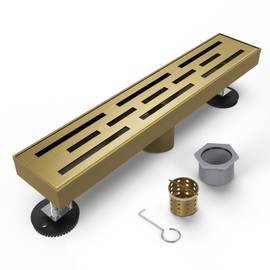 HTOH Brushed Titanium Gold Shower Drain 18 Inch, 304 Stainless Steel Linear Shower Drain with Removable Brick Pattern Grate - Adjustable Rectangular Shower Floor Drain with Hair Strainer, Linear Drain