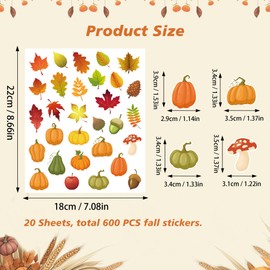 Wonmon 600 PCS Maple Leaves Pumpkins Stickers for Kids, Assorted Thanksgiving Fall Autumn Leaves Pumpkin Stickers for DIY Crafts Envelopes Thanksgiving Fall Autumn Gift Party Supplies