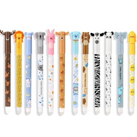 Pack of 12 Black/Blue Ink Cute Cartoon Erasable Pen Tip, Rollerball Pen Erasable Gel Pen, 0.5 mm Lead Diameter, Erasable Pen Cartoon Erasable Pen for Students School Office Supplies