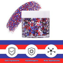 Red White Blue USA Flag Face Body Glitter, Pride Glitter Gel for Hair Nail Art, Holographic Chunky Sequins for Independence Day Patriotic Accessories 4th of July Festival Celebrations for Women