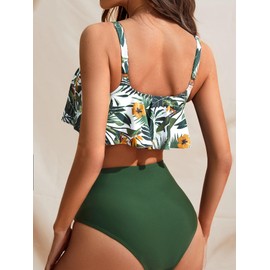 MakeMeChic - Traje de baño de dos piezas para mujer, con volantes, parte superior con volantes, cintura alta, parte inferior, Verde y blanco, X-Large