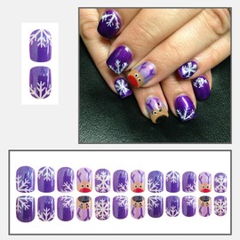 RIICFDD Christmas Press on Nails Short Coffin Fake Nails Purple Glitter Nails Press ons Snowflake Glue on Nails Cute Elk Face Stick on Nails Full Cover Glossy False Nails for Women Nail Art 24 Pcs