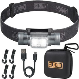 SLONIK Rechargeable Headlamp for Adults - 1000 Lumens Super Bright 60 ft Beam LED Flashlight - Lightweight, Heavy-Duty, IPX4 Waterproof Hard Hat Light - Camping Gear, Running Headlight, Black