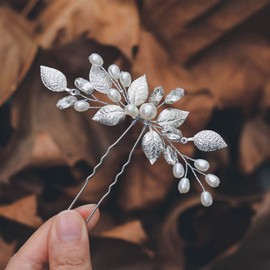 Heread Leaf Bride Wedding Hair Pins Silver Pearl Bridal Head Piece Crystal Hair Accessories for Women and Girls