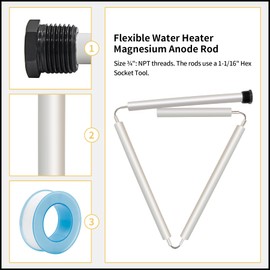 44" Flexible Magnesium Anode Rod, Hot Water Heater Anode Rod Replace for GE, Rheem, Reliance, Richmond, Kenmore Water Heater Including 1-1/16" Hex Socket Tool and Teflon Tape
